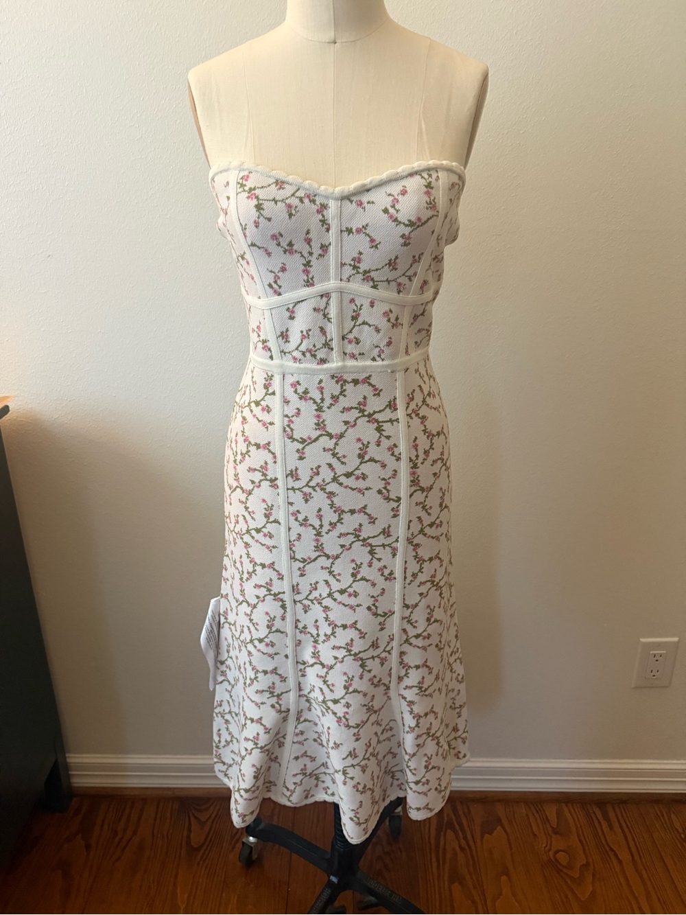 BCBGMaxAzria White Strapless Floral Midi Dress with Pink & Green Print